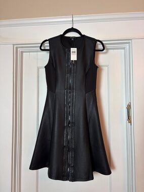 Spenser Jeremy Black Sleeveless Faux Leather Zipper Front, Stretchy Flare Dress